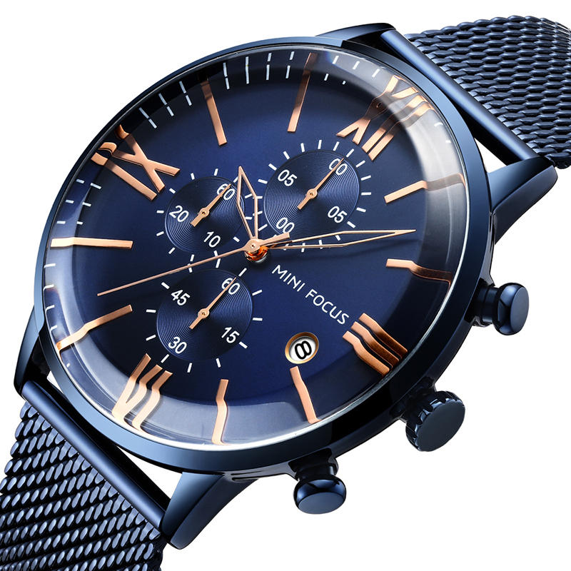 MINI FOCUS MF0236G Business Cronógrafo Calendario Malla Acero Reloj de cuarzo Reloj de pulsera para hombres