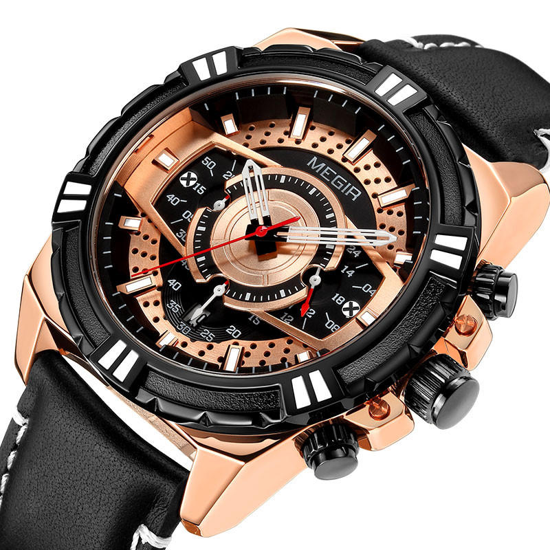 MEGIR 2118 Estilo deportivo Calendario completo Cronógrafo Impermeable Reloj de pulsera de cuarzo para hombres Reloj de