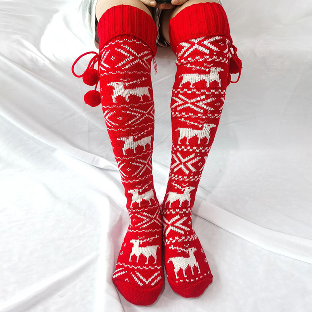 Mujer Algodón Navidad Festive Elk Patrón Leggings cálidos sobre medias hasta la rodilla con pelusa