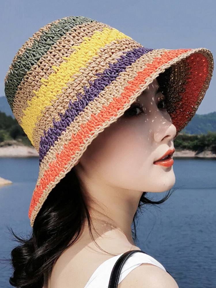 Paja arcoíris elegante ala grande perla Bowknot borde ondulado ajustable plegable Playa visera Sun Bucket Sombrero
