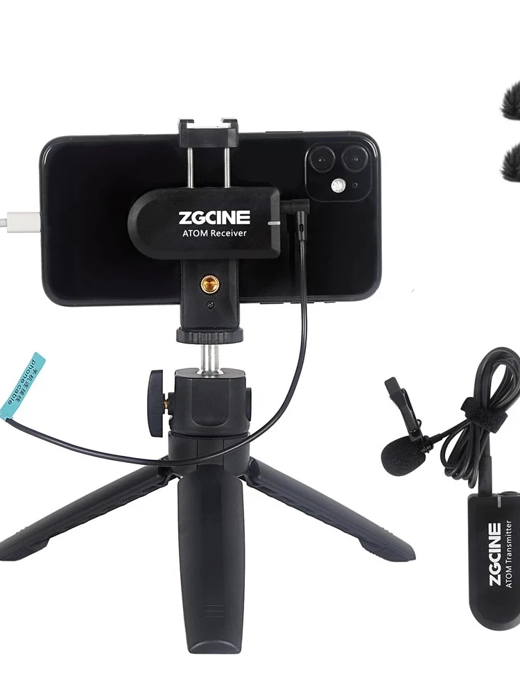 ZGCINE ATOM Wireless Lapel Micrófono Receptor Kit mini 2.4G Micrófono de grabación de video trípode Soporte para teléfon