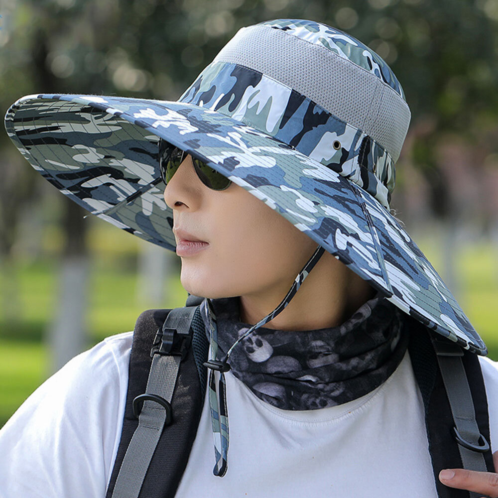 Hombres Verano UV Protección Wild Big Brim 12 Centímetros Visor Ajustable Sun Sombrero Cubo Sombrero Para pesca Montañis