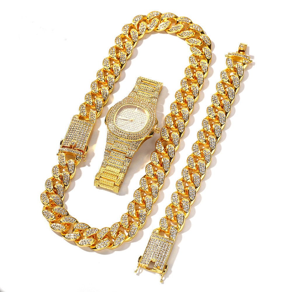 1/3 piezas de lujo con incrustaciones de diamantes de imitación hombres reloj conjunto Hip Hop cadena collar pulsera
