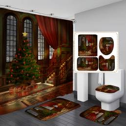 3D Cuarto de baño juegos árboles de Navidad chimenea cortina de ducha alfombras de baño alfombras de baño alfombra antid