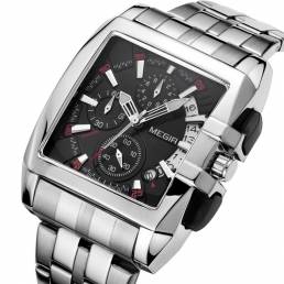 MEGIR Business Fashion Square Patrón Dial con calendario Correa de acero inoxidable Reloj de pulsera para hombre Reloj d