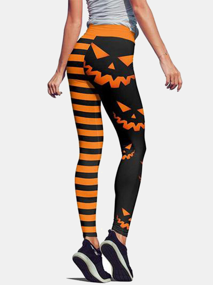 Halloween Mujer Calabaza y estampado de rayas Cintura alta Deporte de levantamiento de cadera Pantalones