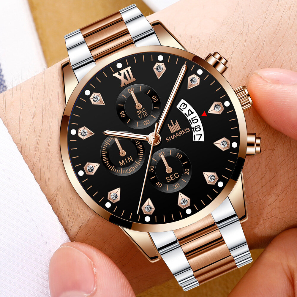 Casual de negocios con calendario con incrustaciones de diamantes de imitación Dial Correa de acero Reloj de cuarzo para
