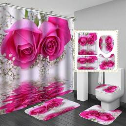 Pink Rose Impermeable Cuarto de baño Cortina de ducha Cubierta de inodoro Alfombra de baño Alfombra de pedestal