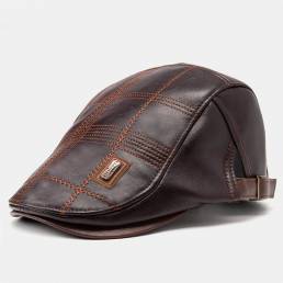 Collrown Men Faux Leather Stripe Patrón vendimia Color sólido Forward Sombrero Boina Sombrero