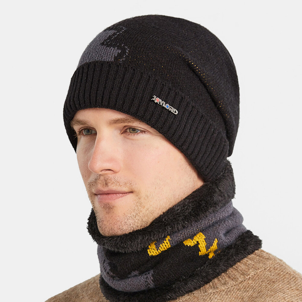 Hombres 2PCS Plus Terciopelo Grueso Cálido Trajes de invierno Patchwork Color Cuello Protección facial de punto Sombrero