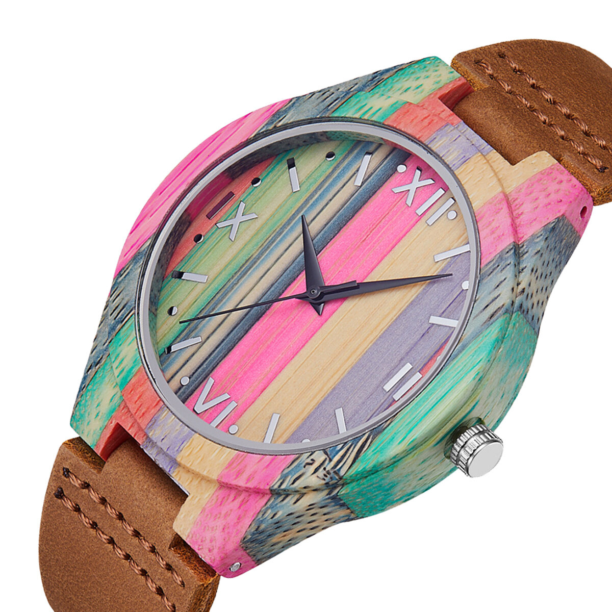 Moda Colorful Caso Dial Correa de cuero Estilo creativo Casual Hombres Reloj Reloj de cuarzo