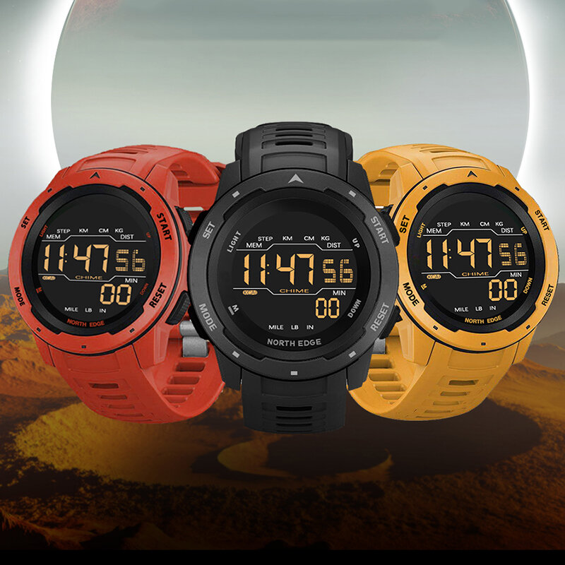 NORTH EDGE Mars Alarm Podometer Countdown Sport Watch 50M Impermeable Reloj digital con pantalla FSTN