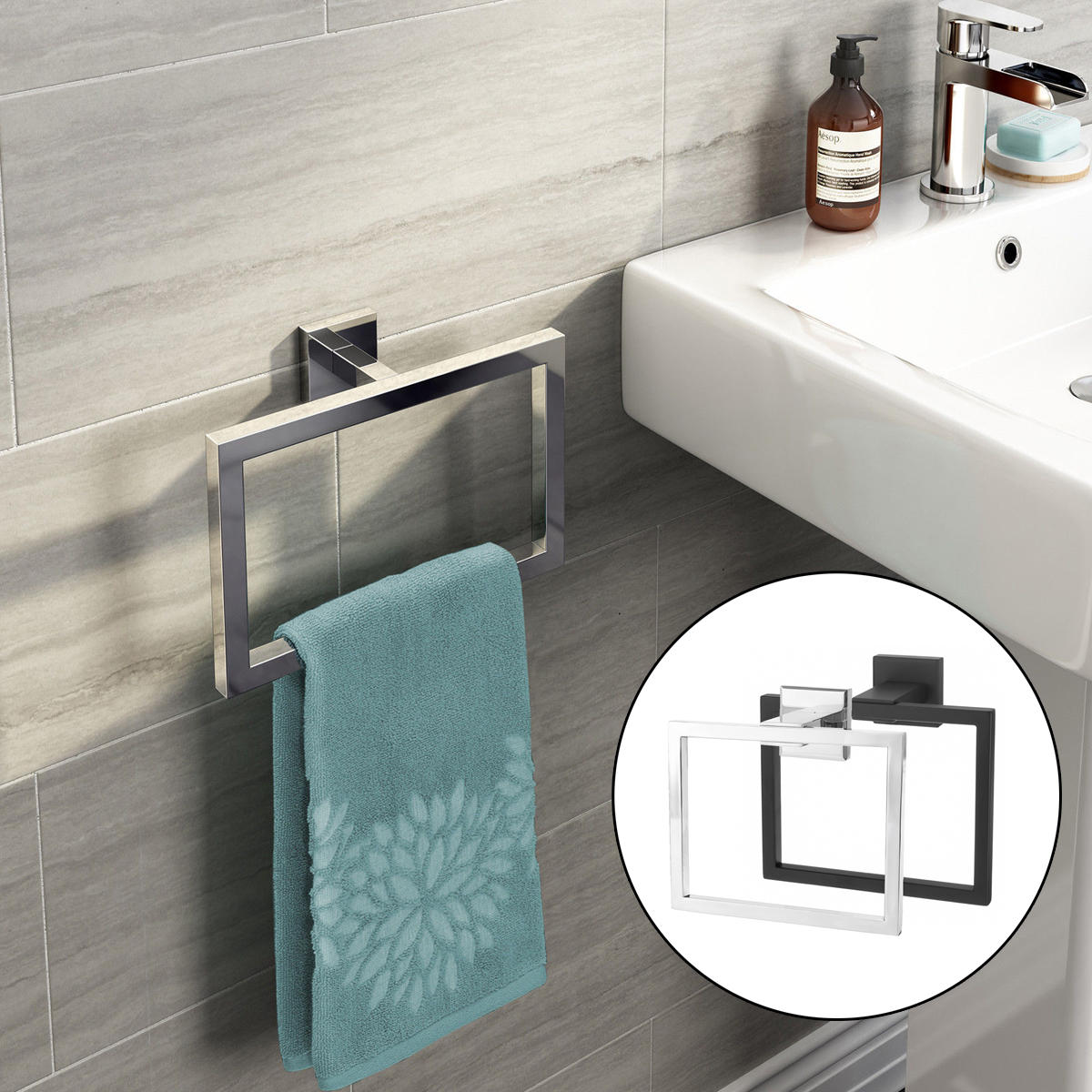 Chrome Modern Cuarto de baño Accesorios de pared Square Toalla Ring Holder Rack