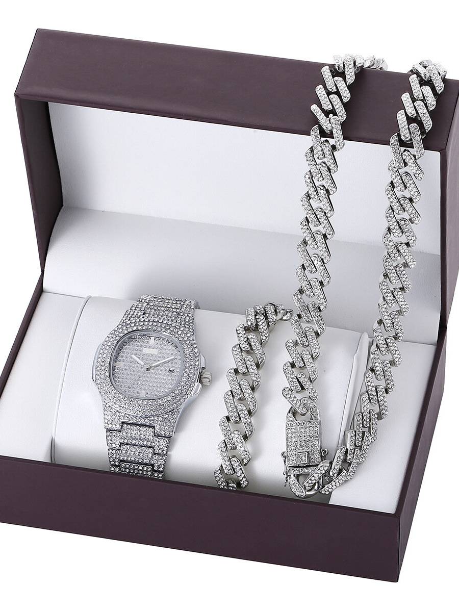 3 unids / set reloj de lujo de moda para hombre con incrustaciones de diamantes de imitación correa de acero reloj de cu