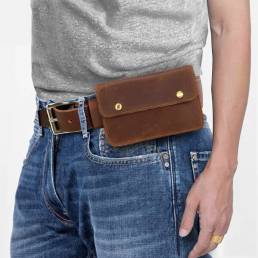 Hombres Piel Genuina Retro 6.3 Inch Teléfono Bolsa Soporte de cintura Cinturón Bolsa