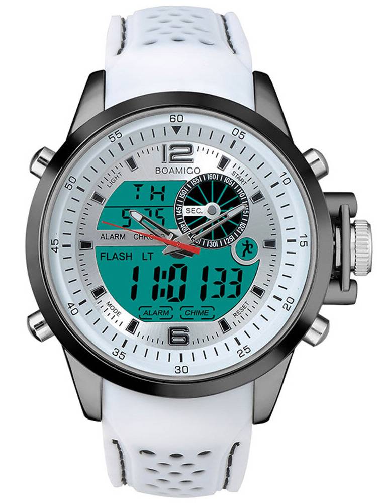 BOAMIGO F533 Hombres Moda Estilo deportivo Correa de metal completo Luminoso Pantalla Impermeable Reloj digital Dual Pan