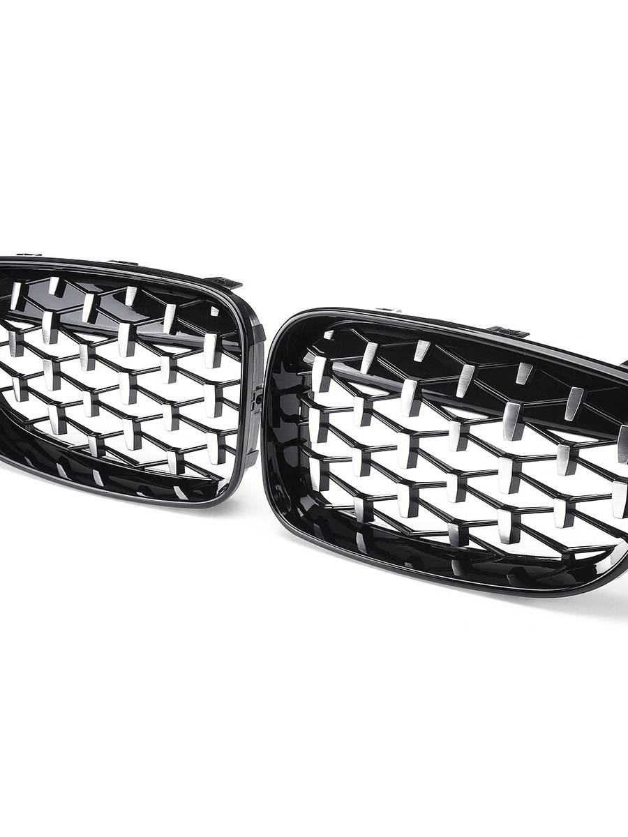 1 par de rejillas de riñón delanteras negras brillantes cromadas estilo diamante para BMW 1 Serie E81 E82 E87 E88 2008-2