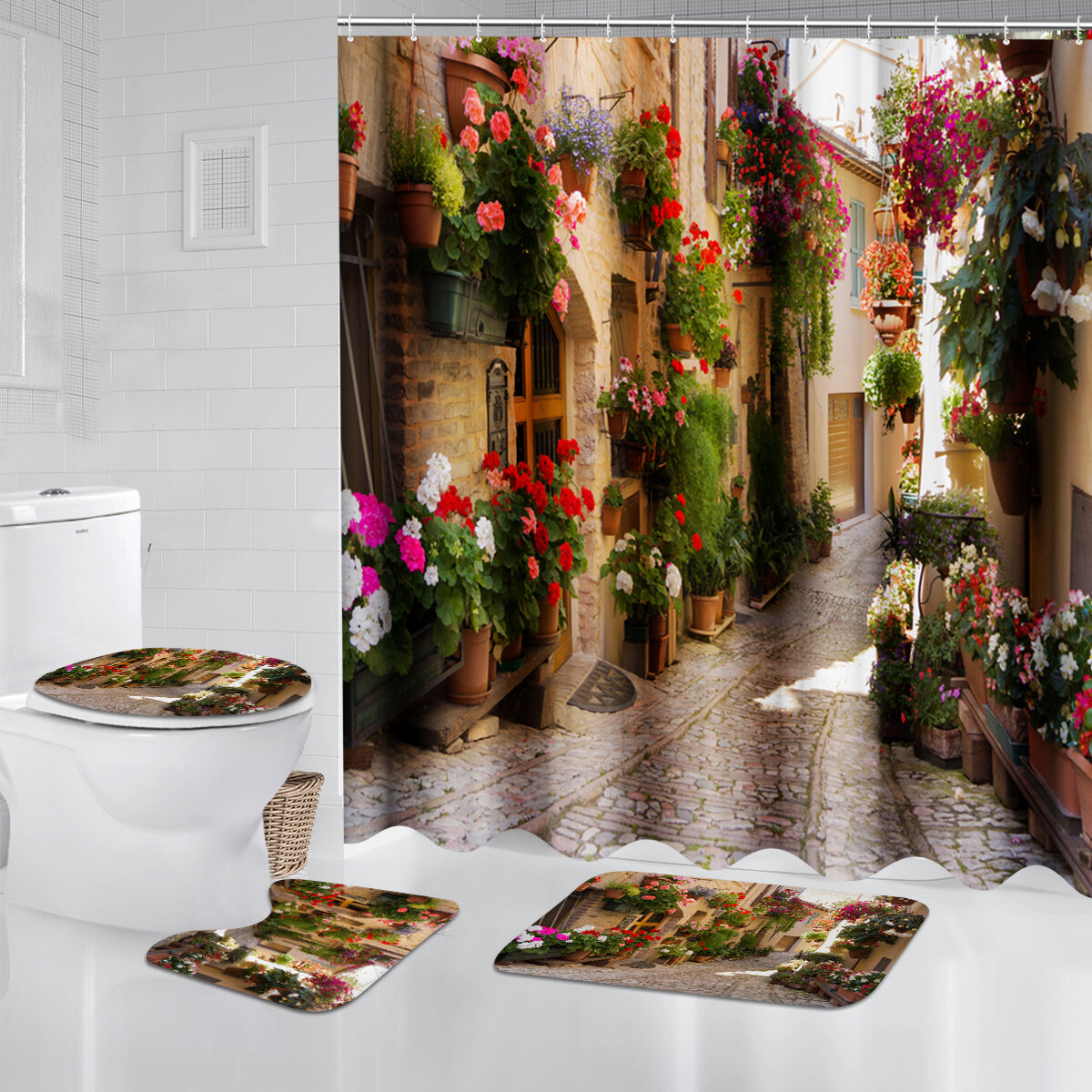 Baño Impermeable Cortina de ducha de jardín de flores Cuarto de baño Tapete para cubierta de asiento de inodoro