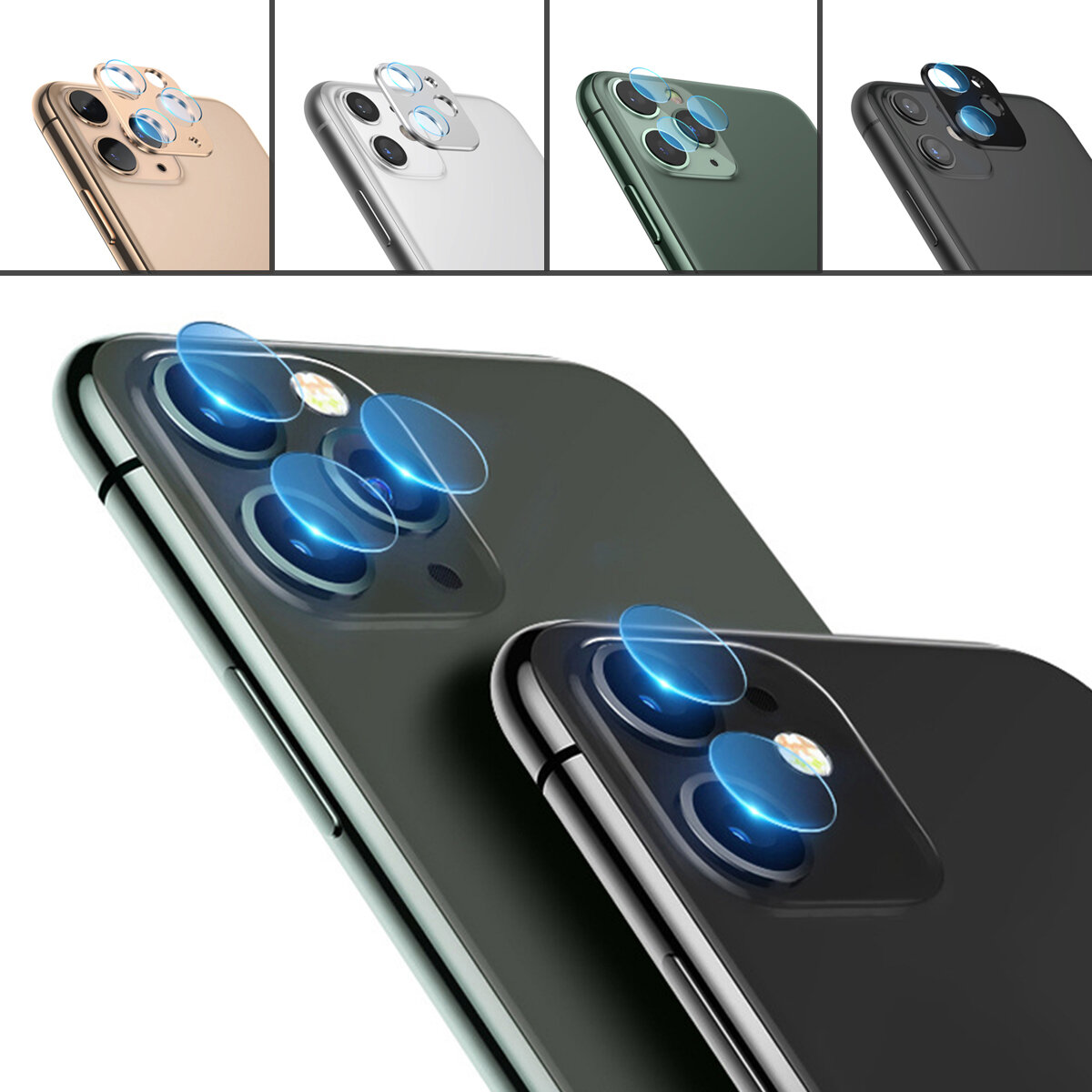 Cristal templado 3D + anillo circular de metal Teléfono antiarañazos Lente Protector para iPhone 11 / iP 11 Pro / iP 11