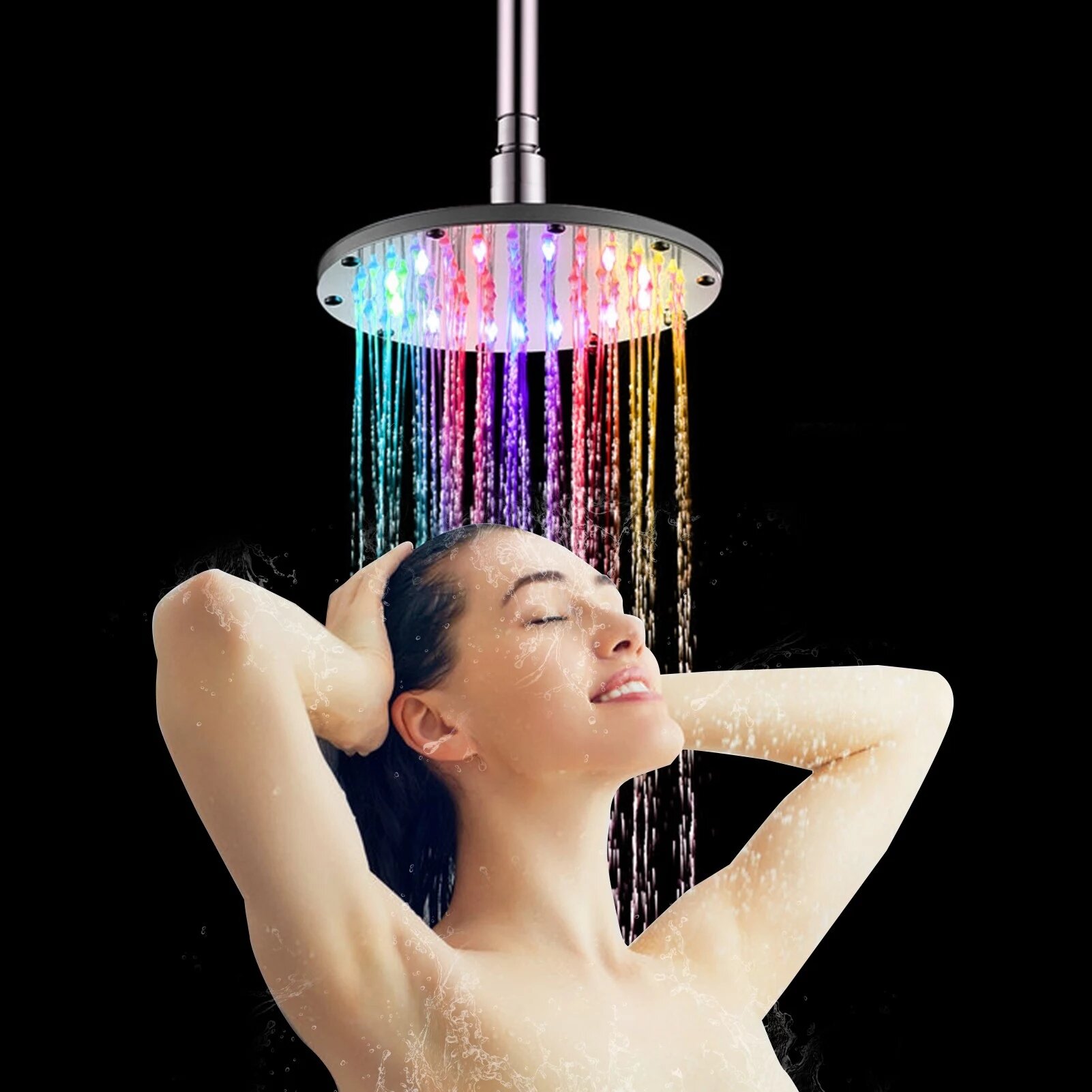 6/8/10 Inch LED Cabezal de ducha tipo lluvia Cabezal de ducha redondo Automáticamente RGB Temperatura que cambia de colo