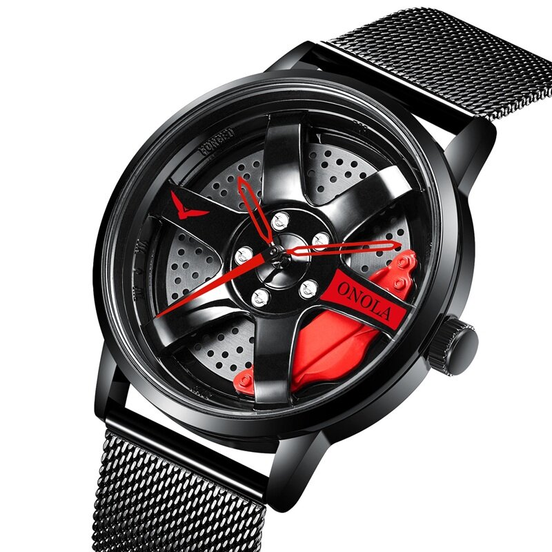 ONOLA ON3821 Cubo de rueda hueco 3D Diseño Impermeable Reloj de cuarzo de acero completo para hombre de moda