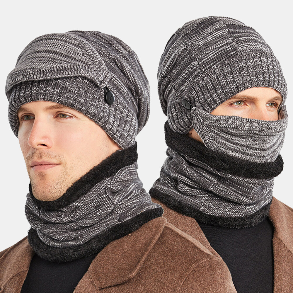 Hombres 3PCS Plus Terciopelo grueso cálido invierno trajes Cuello Protección facial de punto Sombrero Bufanda Mascara