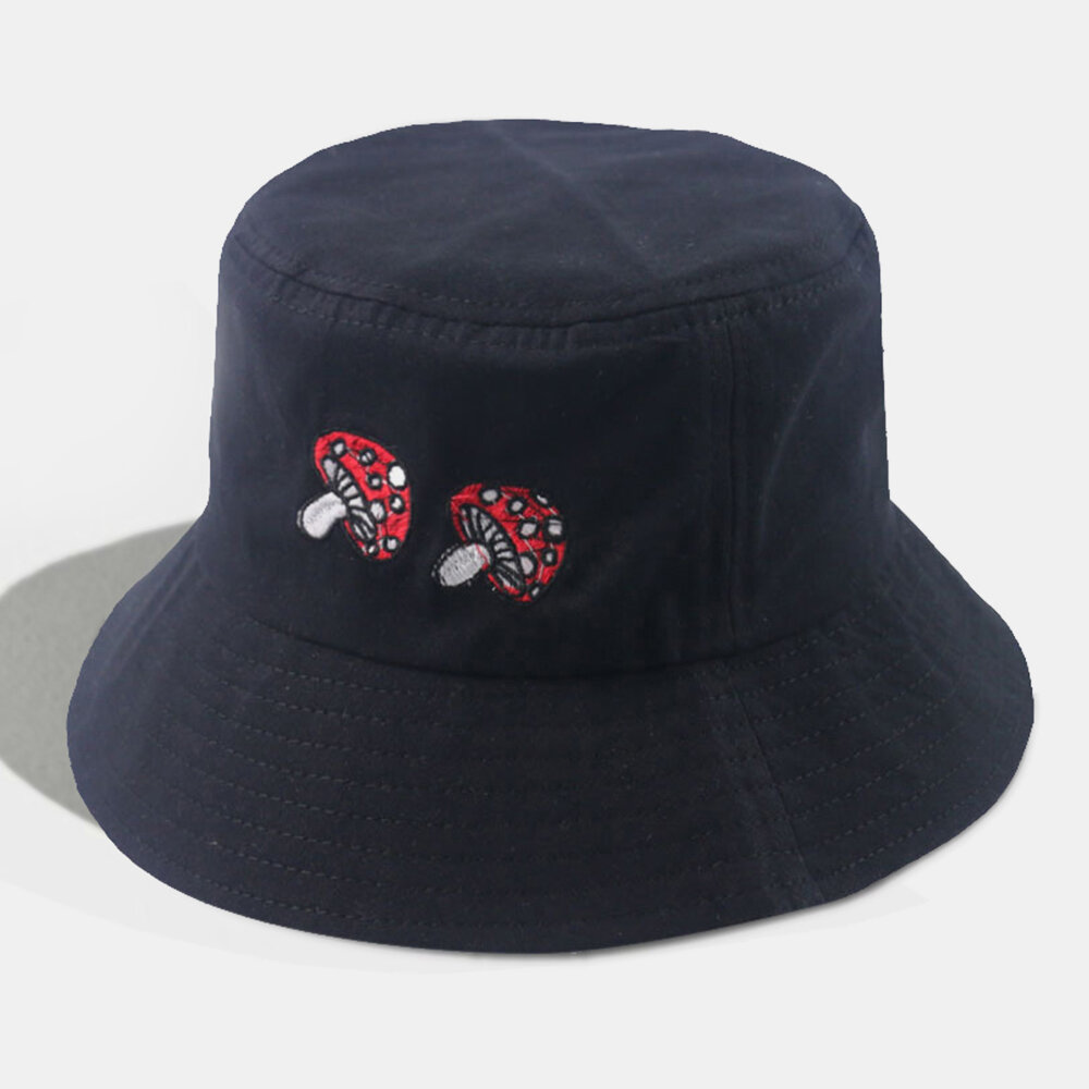 Champiñón bordado de algodón unisex Patrón Linda pareja casual simple Sombrero Cubo Sombrero
