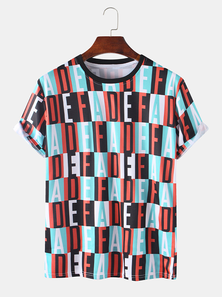 Camisetas deportivas transpirables de manga corta a cuadros con estampado de letras Colorful para hombre