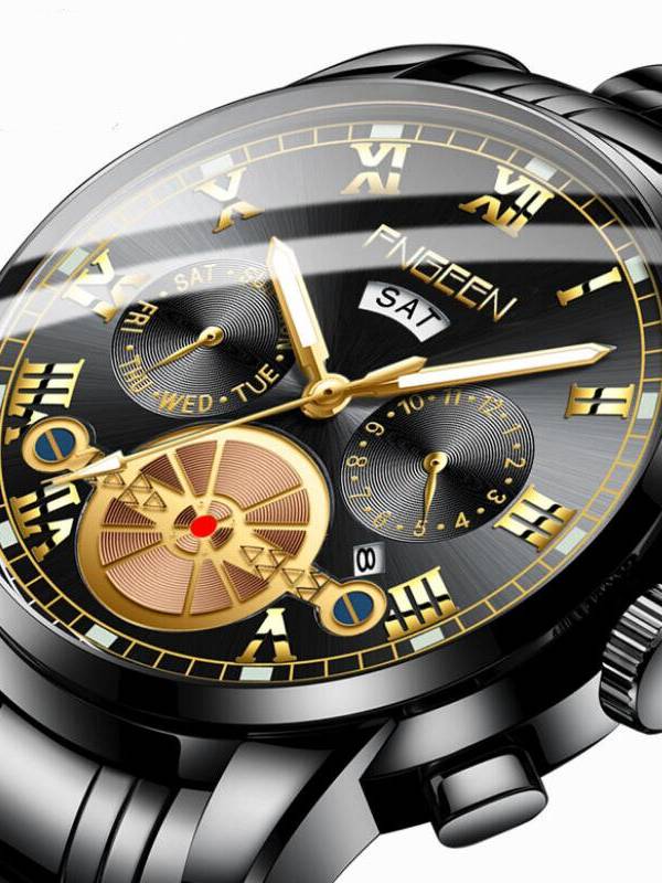 FNGEEN 4001 Fashion Business Luminous con fecha de calendario Pantalla Correa de cuero de acero / PU Impermeable Reloj d