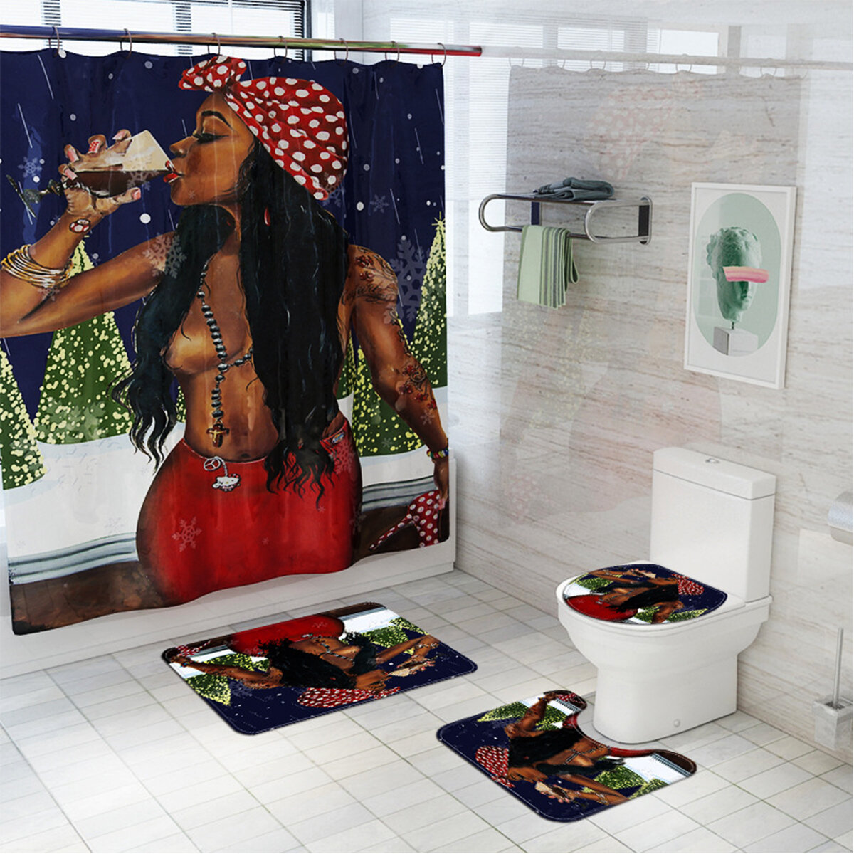 Impresión de niña africana de Navidad Cuarto de baño Juego de cortina de ducha Tapete para inodoro Cuarto de baño Juego