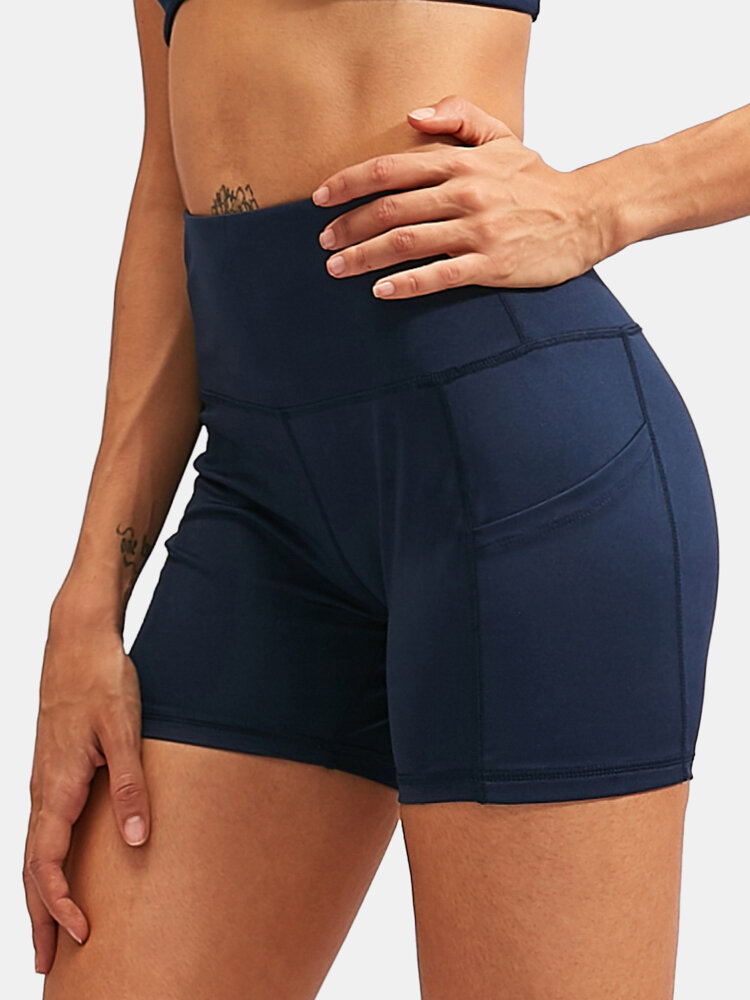 Fitness Yoga Mujer Shorts deportivos de cintura alta de color sólido de secado rápido y elasticidad