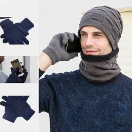 Hombres 3PCS Plus Velvet Keep Warm Winter Cuello Bufanda de protección para la cabeza Dedo completo Guantes Gorro de pun
