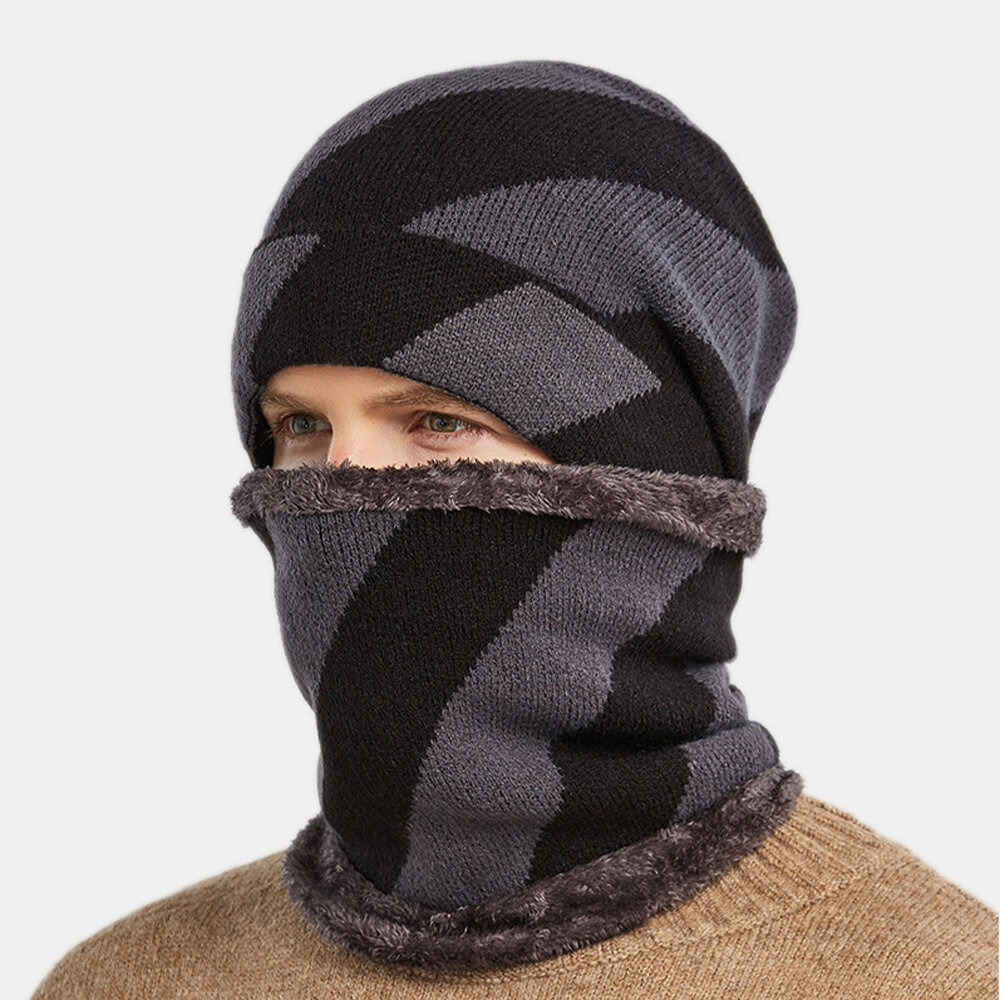 Hombres 2PCS Plus Terciopelo Grueso Cálido Trajes de invierno Rayas Patrón Cuello Protección facial de punto Sombrero Bu