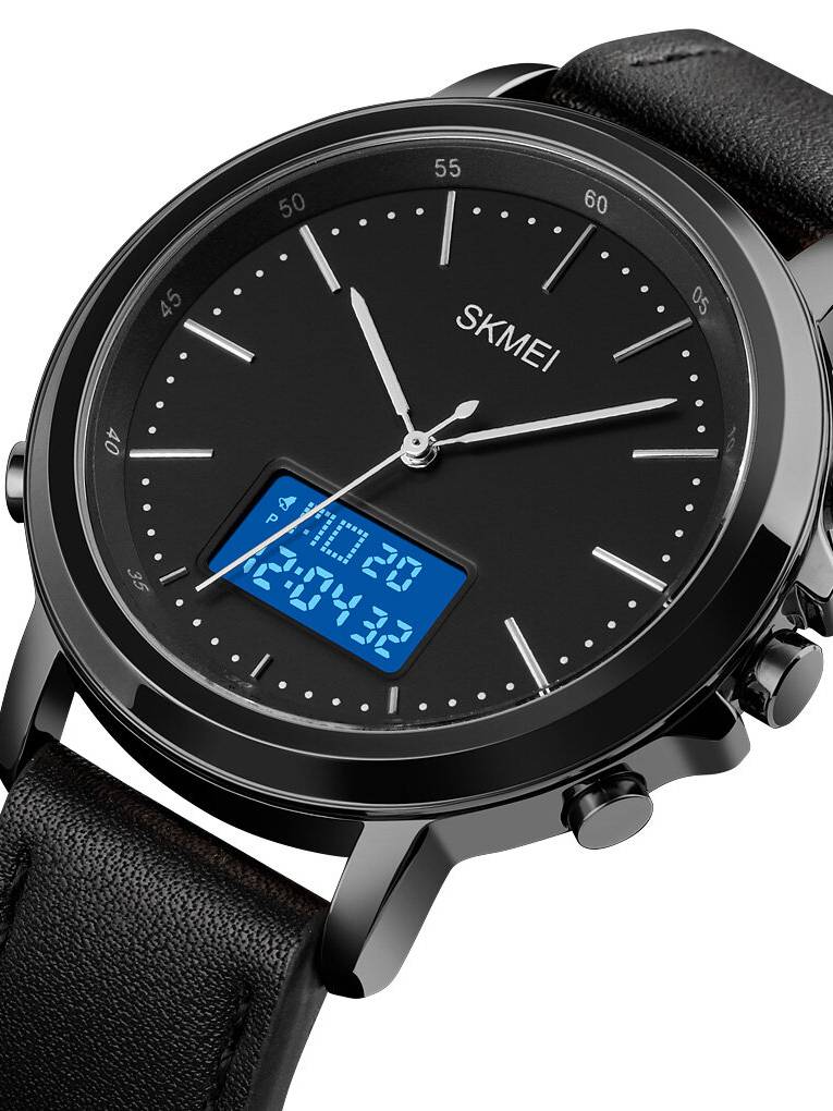 SKMEI 1652 Reloj deportivo de cronómetro con alarma de cuero Luminous Pantalla Hombres Impermeable Reloj digital dual Pa