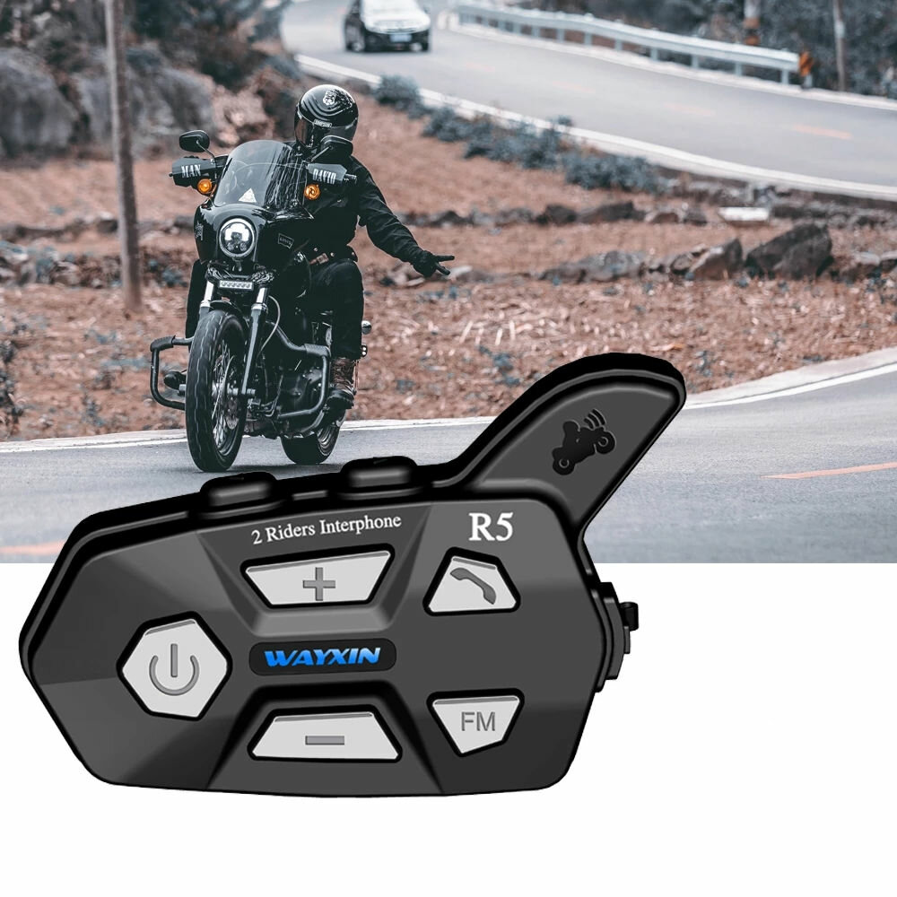 WAYXIN R5 2 uds intercomunicador bluetooth 2 Rider FM Moto intercomunicador de casco bluetooth 1000M MOTO Interphone aur