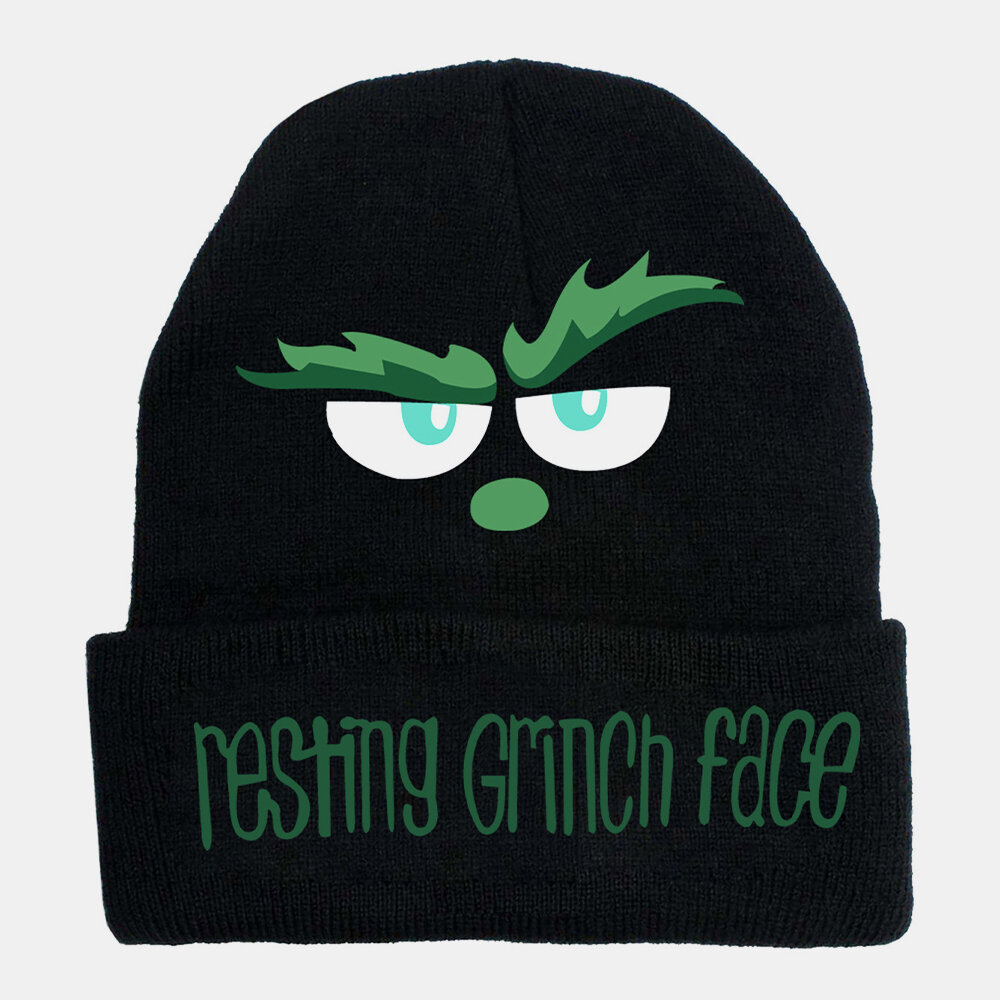 Unisex lana cálida a prueba de viento visera verde Navidad Cabello Monster Printing Knitted Sombrero Beanie