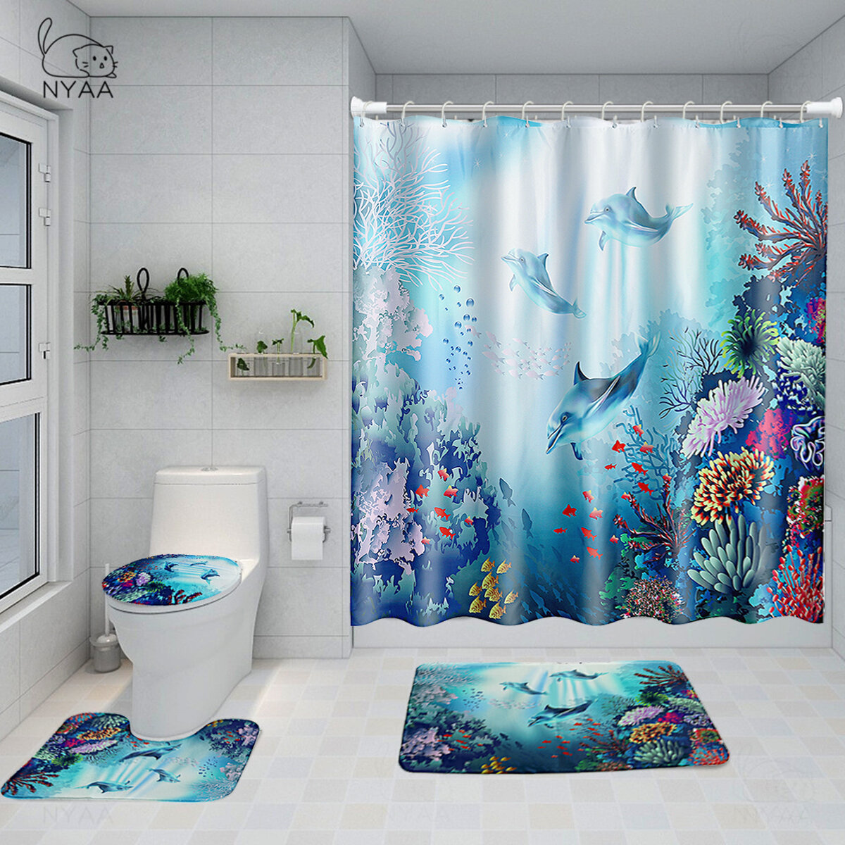 Impreso Ocean World Whale Impermeable Cuarto de baño Juego de alfombrilla de inodoro para cortina de ducha