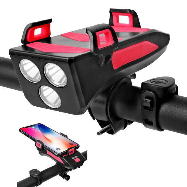 BIKIGHT Multifunción 4 en 1 Luz de bicicleta USB recargable LED Faro de bicicleta + Cuerno + Soporte para teléfono + Ban
