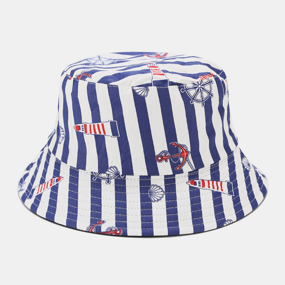 Unisex de doble cara de algodón con rayas de ancla Patrón Pareja de sombrillas estilo azul marino Sombrero Cubo Sombrero