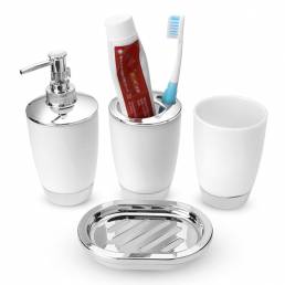 4 piezas de plástico Cuarto de baño juego taza soporte para cepillo de dientes Jabón dispensador de platos botella acces