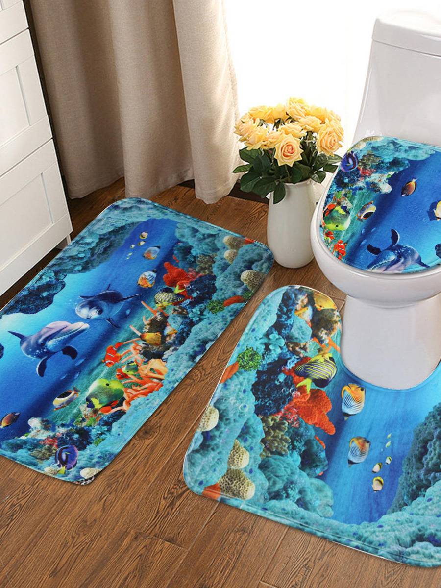 Un juego de alfombras Ocean Dolphin Cuarto de baño Set de alfombras Pedestal Alfombra de baño