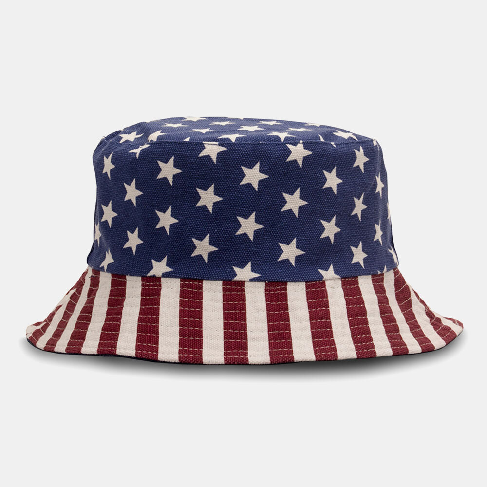 Rayas de estrellas de algodón unisex Patrón Cubo de sombrilla informal con bandera estadounidense Sombrero