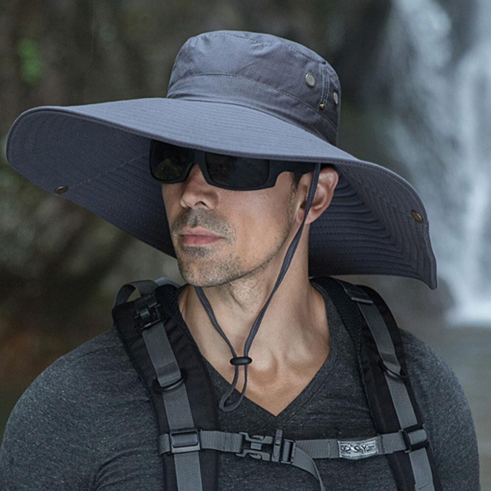 Hombres Verano UV Protección Wild Brim 16 Centímetros Visor Ajustable Sol Sombrero Cubo Sombrero Para pesca Montañismo