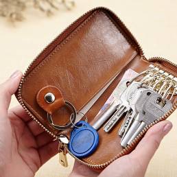 Hombres Piel Genuina Retro Key Caso Bolsa Multi Key Ring Zipper Llavero Wallet