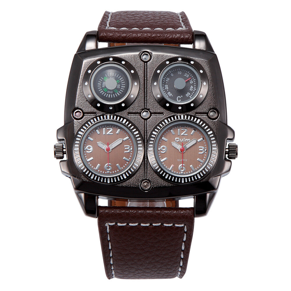 OULM Dual Time Zones Reloj de pulsera para hombre con esfera grande Restro Style Leather Banda Reloj de cuarzo creativo