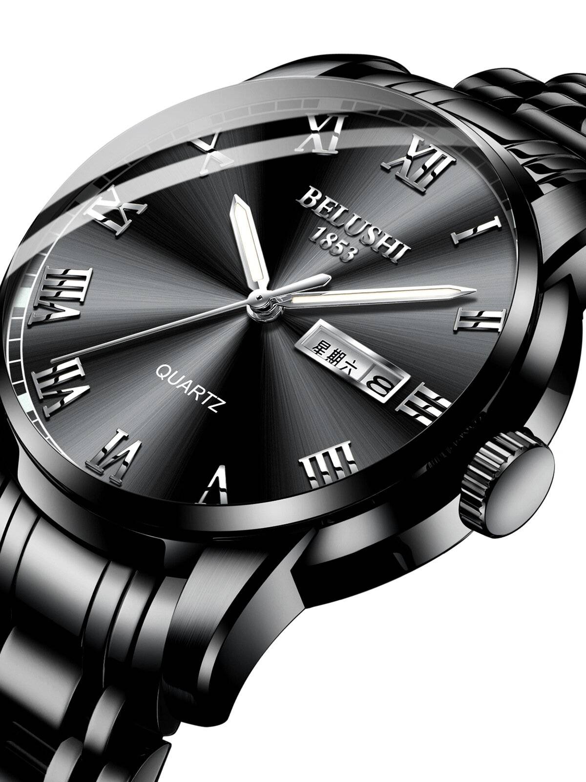 BELUSHI 556 Full Steel Banda Reloj de cuarzo con calendario de estilo empresarial Impermeable Luminoso Pantalla Reloj pa