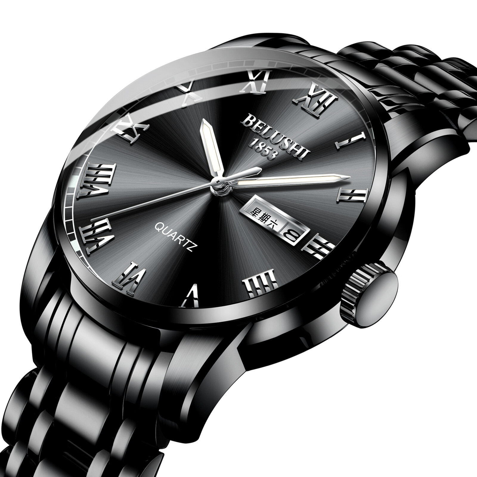 BELUSHI 556 Full Steel Banda Reloj de cuarzo con calendario de estilo empresarial Impermeable Luminoso Pantalla Reloj pa