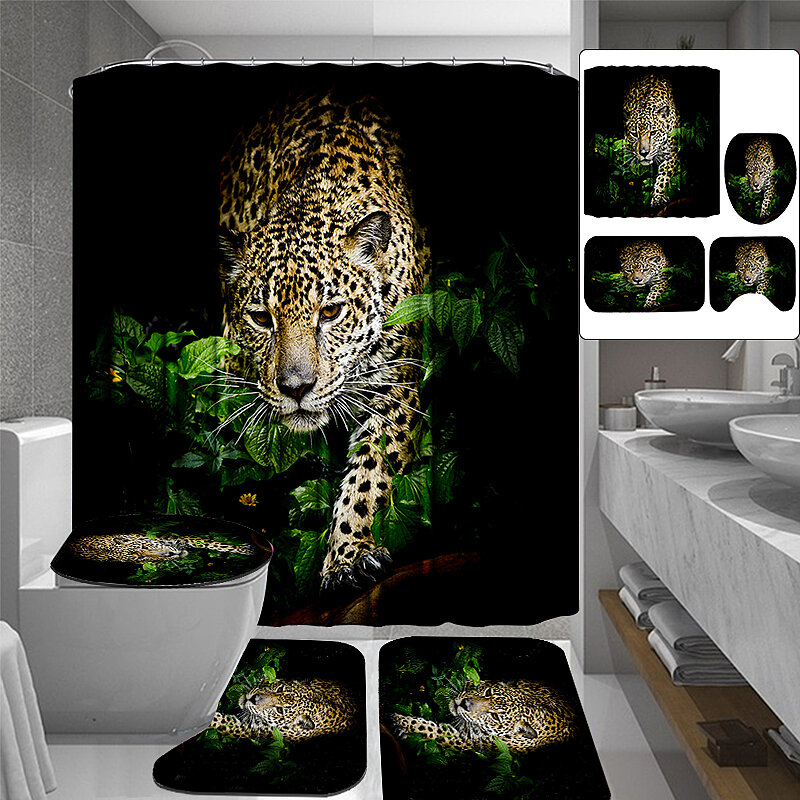 3D Leopard Patrón Cortina de ducha Antideslizante Alfombrilla de baño Juego de almohadillas para inodoro Inodoro Patrón
