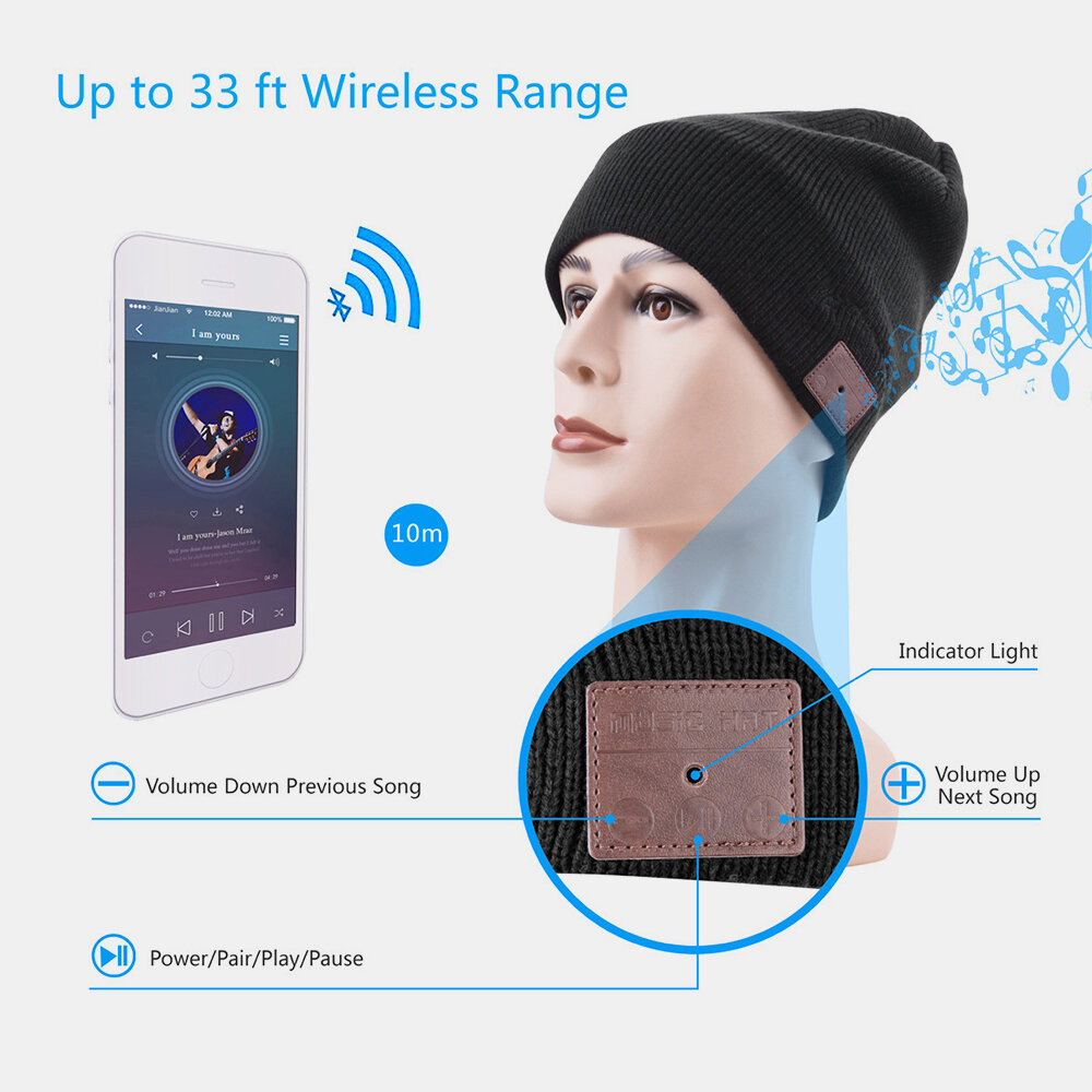 Unisex Plus Velvet Warm Long Standby Bluetooth 5.0 Carga USB inalámbrica Música Sombrero Tejido Sombrero