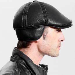 Hombre Faux Leather Keep Warm Oreja Protección Color sólido Retro Casual Forward Sombrero Boina Sombrero